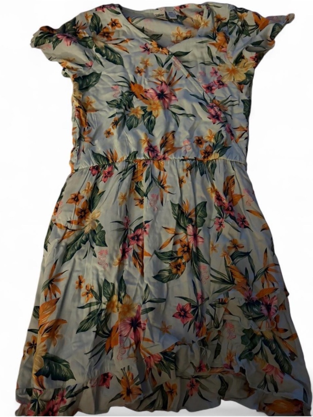 Floral Short Sleeve Girls' Dress - Light Blue with Tropical Print